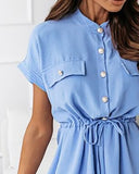 Buttoned Pocket Decor Drawstring Ruched Shirt Dress