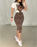Figure Print Top & Leopard Slit Skirt Set