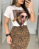 Figure Print Top & Leopard Slit Skirt Set