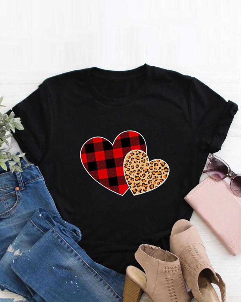 Valentine's Day Heart Print O Neck T shirt