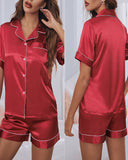 Contrast Binding Button Design Satin Pajamas Set