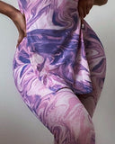 Tie Dye Print Split Hem Sleeveless Cutout Top & Skinny Pants Set