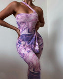 Tie Dye Print Split Hem Sleeveless Cutout Top & Skinny Pants Set