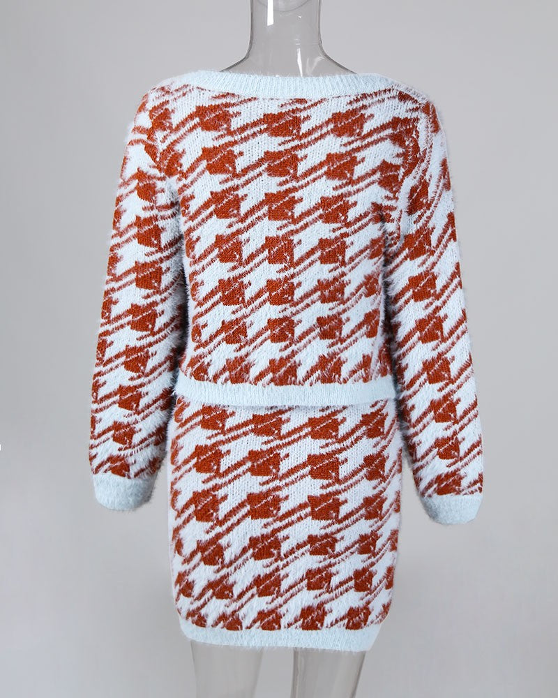 Houndstooth Print Crop Top & Skirt Set With Lantern Sleeve Cardigan