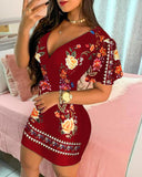 Ruffles Sleeve Floral Print Bodycon Dress