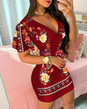 Ruffles Sleeve Floral Print Bodycon Dress