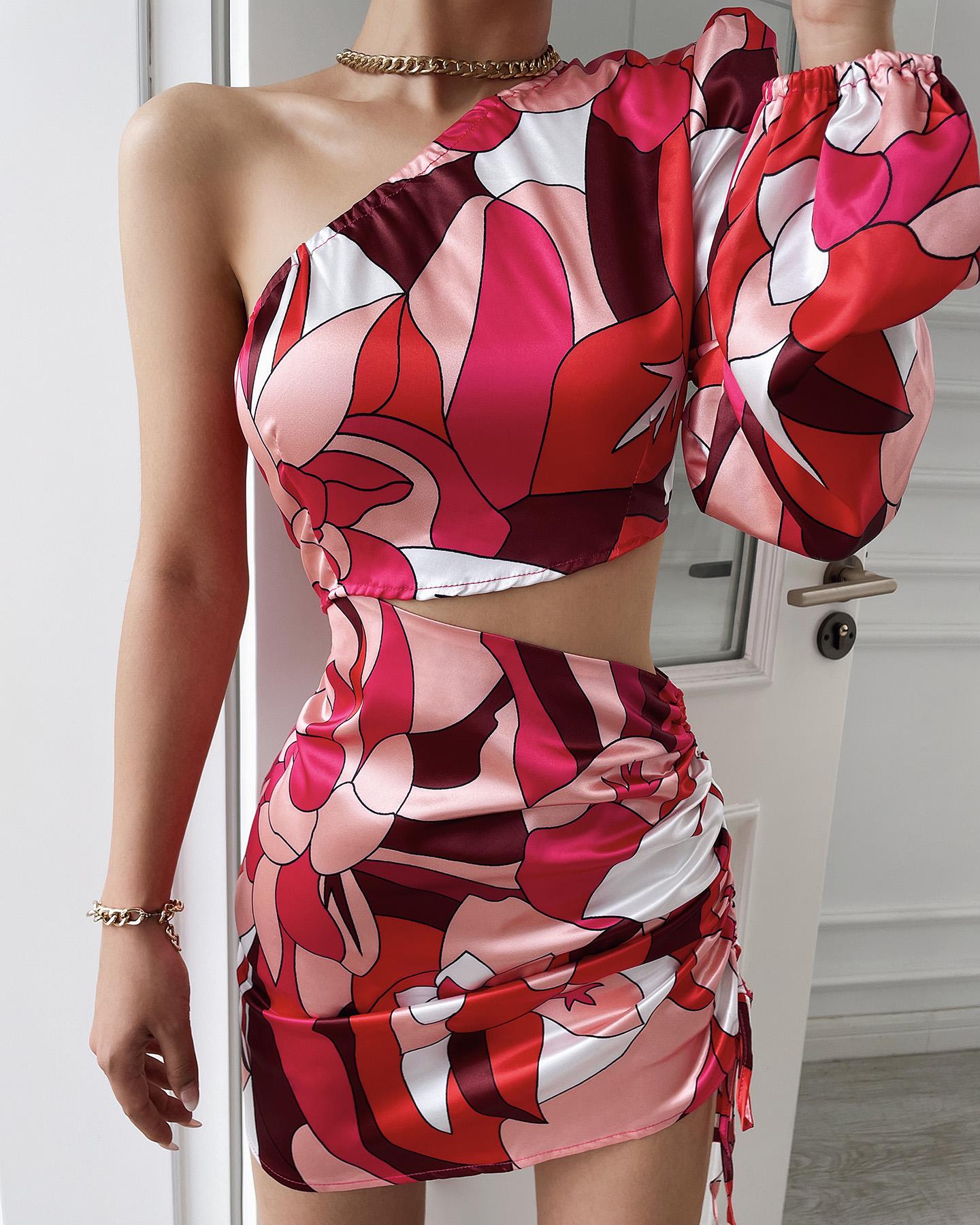 Abstract Print One Shoulder Puff Sleeve Crop Top & Ruched Skirt Set