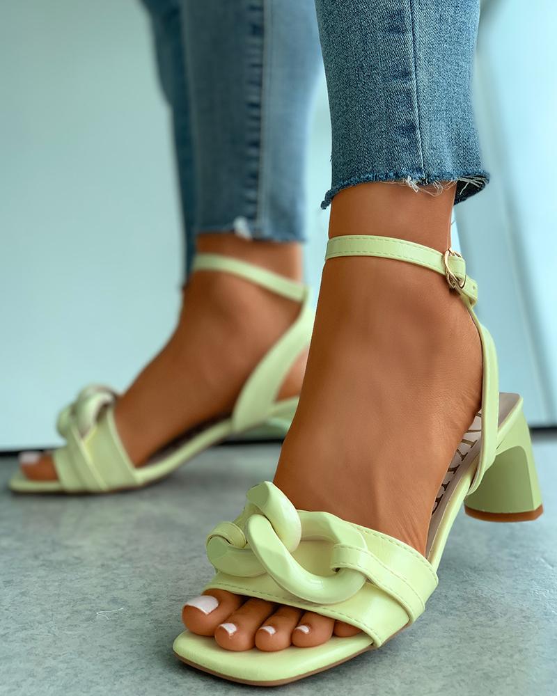 Chain Strap Square Toe Chunky Heels