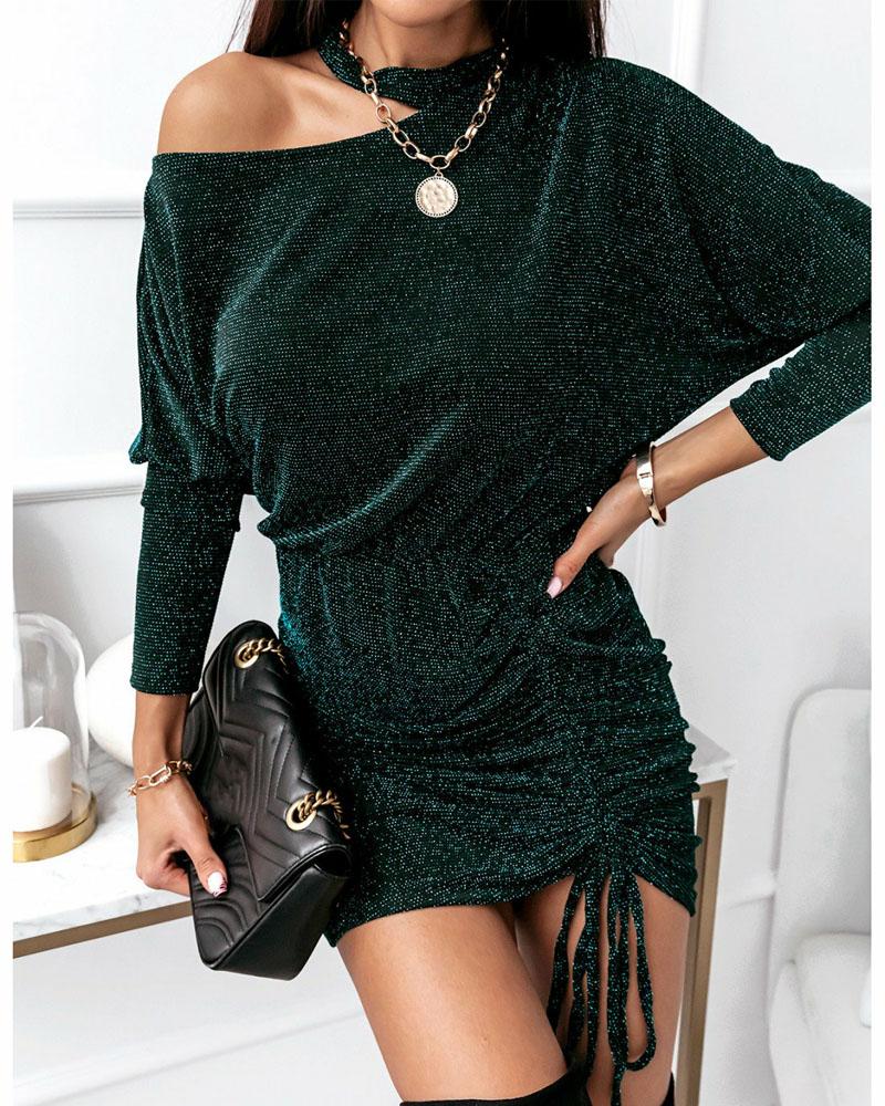 Cold Shoulder Drawstring Ruched Glitter Bodycon Dress
