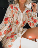 Floral Chain Print Button Front Slit Shirt Dress