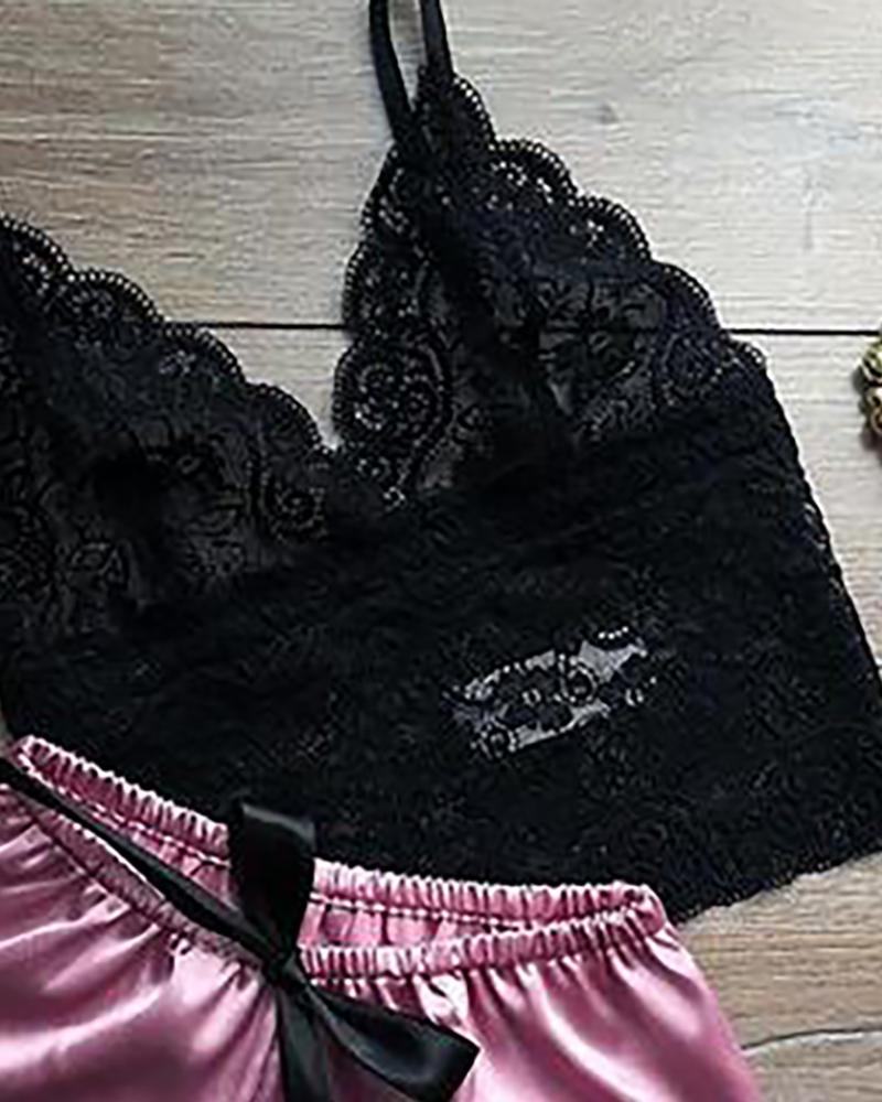 Eyelash Crochet Lace Satin Bowknot Cami Set