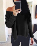 Solid Side Slit Long Sleeve Casual Sweater