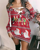 Christmas Letter Santa Print Eyelet Lace up Sweatshirt Dress