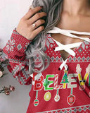 Christmas Letter Santa Print Eyelet Lace up Sweatshirt Dress