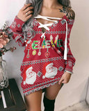 Christmas Letter Santa Print Eyelet Lace up Sweatshirt Dress