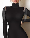 Chain Tassel Decor Long Sleeve Bodycon Dress