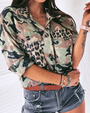 Camouflage Cheetah Print Buttoned Pocket Design Top