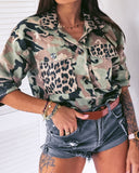Camouflage Cheetah Print Buttoned Pocket Design Top