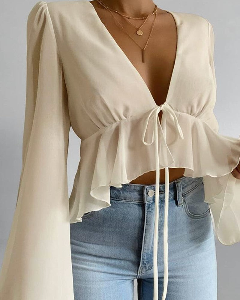 Solid Bell Sleeve Ruffles Blouse