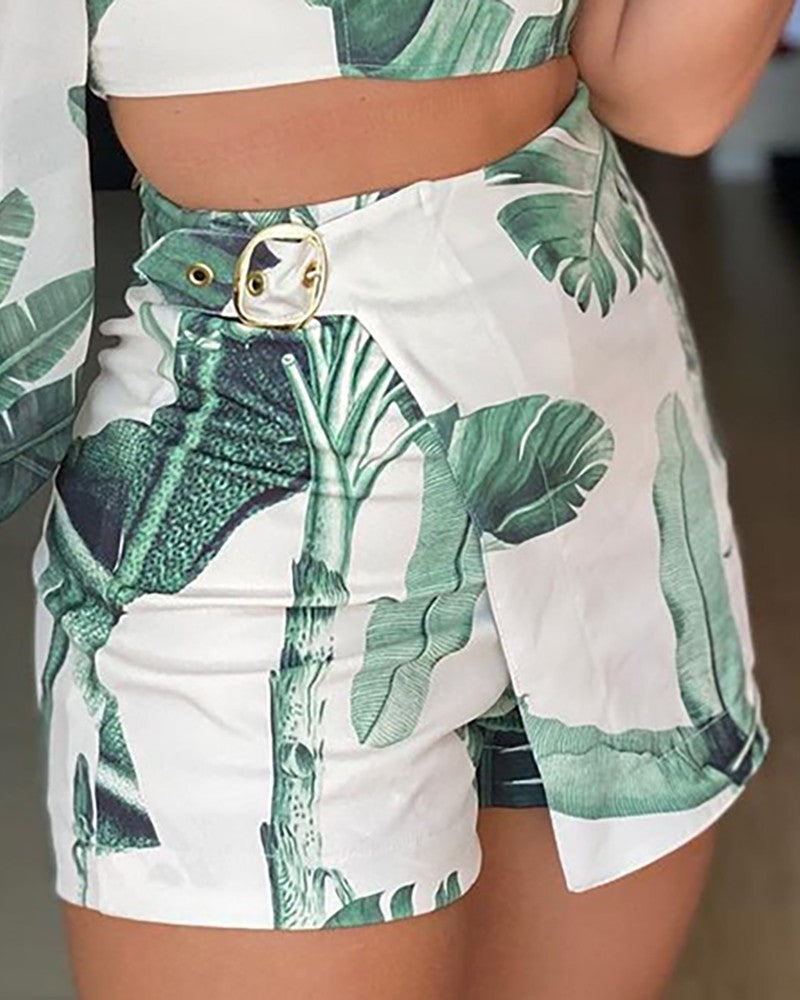Tropical Print Long Sleeve Top & Skirt Set