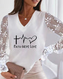 Letter Heart Print Contrast Lace Long Sleeve Top