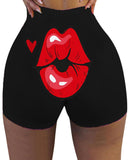 Lip Heart Print High Waist Butt Lifting Yoga Shorts