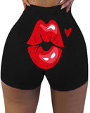 Lip Heart Print High Waist Butt Lifting Yoga Shorts