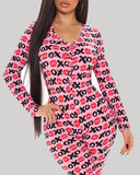 Print Functional Buttoned Flap Adults Pajamas