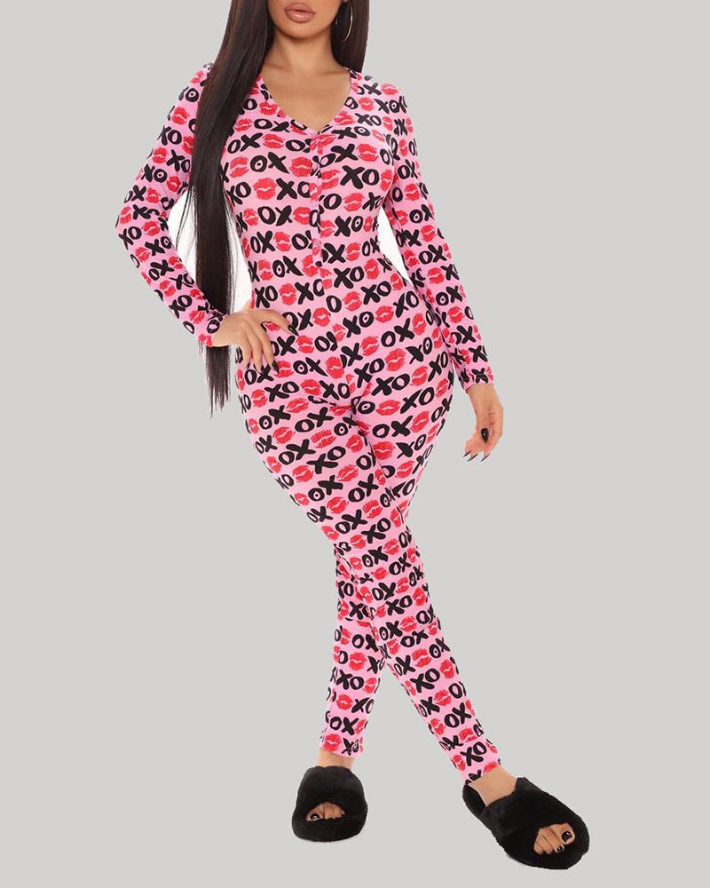 Print Functional Buttoned Flap Adults Pajamas