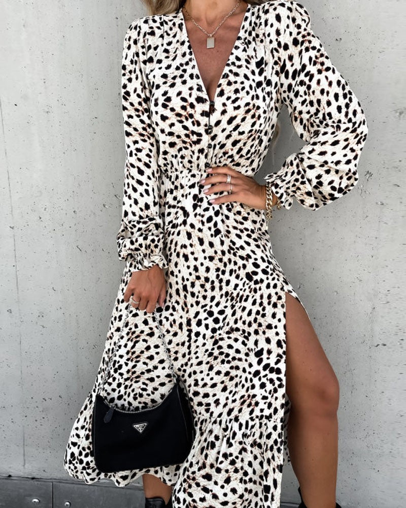 Leopard Print Split Thigh Long Sleeve Dress