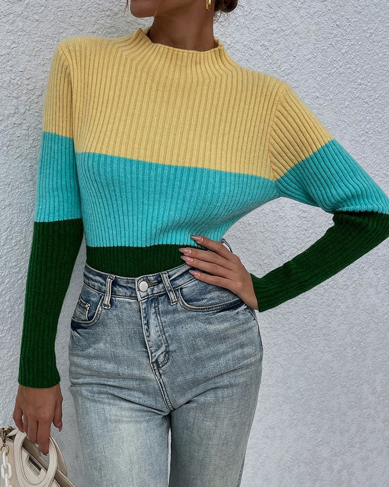 Mock Neck Long Sleeve Colorblock Knit Sweater