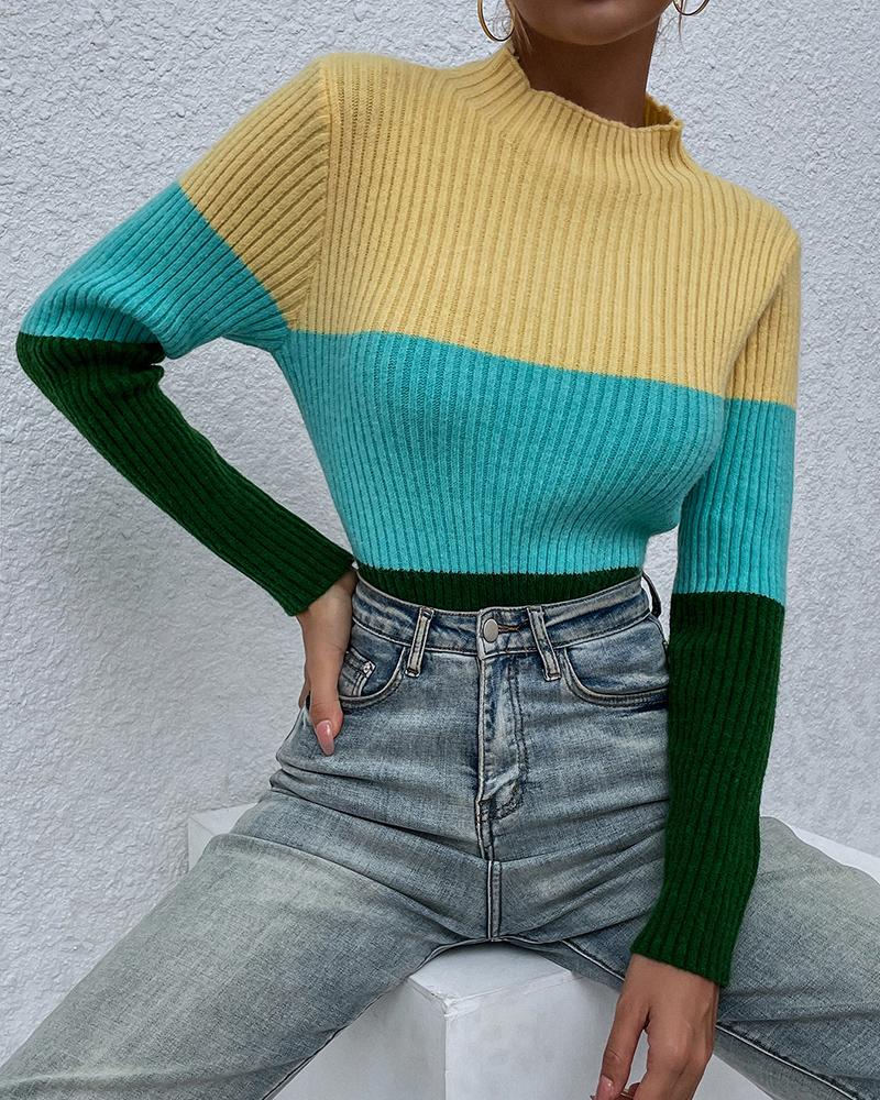 Mock Neck Long Sleeve Colorblock Knit Sweater