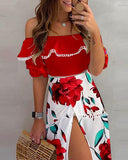 Off Shoulder Floral Print Scallop Trim Top & High Slit Skirt Set