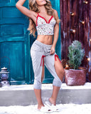 Christmas Print Contrast Lace Crisscross Crop Cami Top & Cutout Drawstring Ruched Pants Set