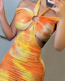Halter O Ring Tie Dye Print Maxi Dress