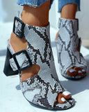 Snakeskin Print Buckled Chunky Heeled Sandals