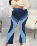 Colorblock Button Fly Stretch Skinny Flared Leg Jeans
