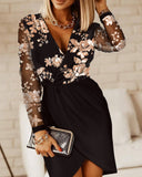 Contrast Sequin Sheer Mesh Long Sleeve Party Dress