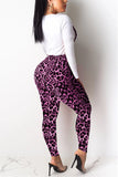 round neck long sleeved leopard print letter two piece