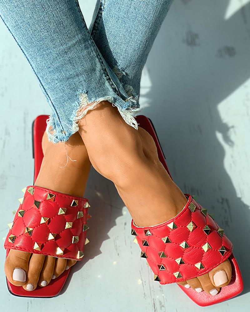 Quilted Rivet Decor Square Toe Flat Sandals