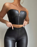 PU Leather Zip Front Crop Tube Top & Pants Set