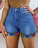 Butterfly Embroidery Zipper Fly Denim Shorts