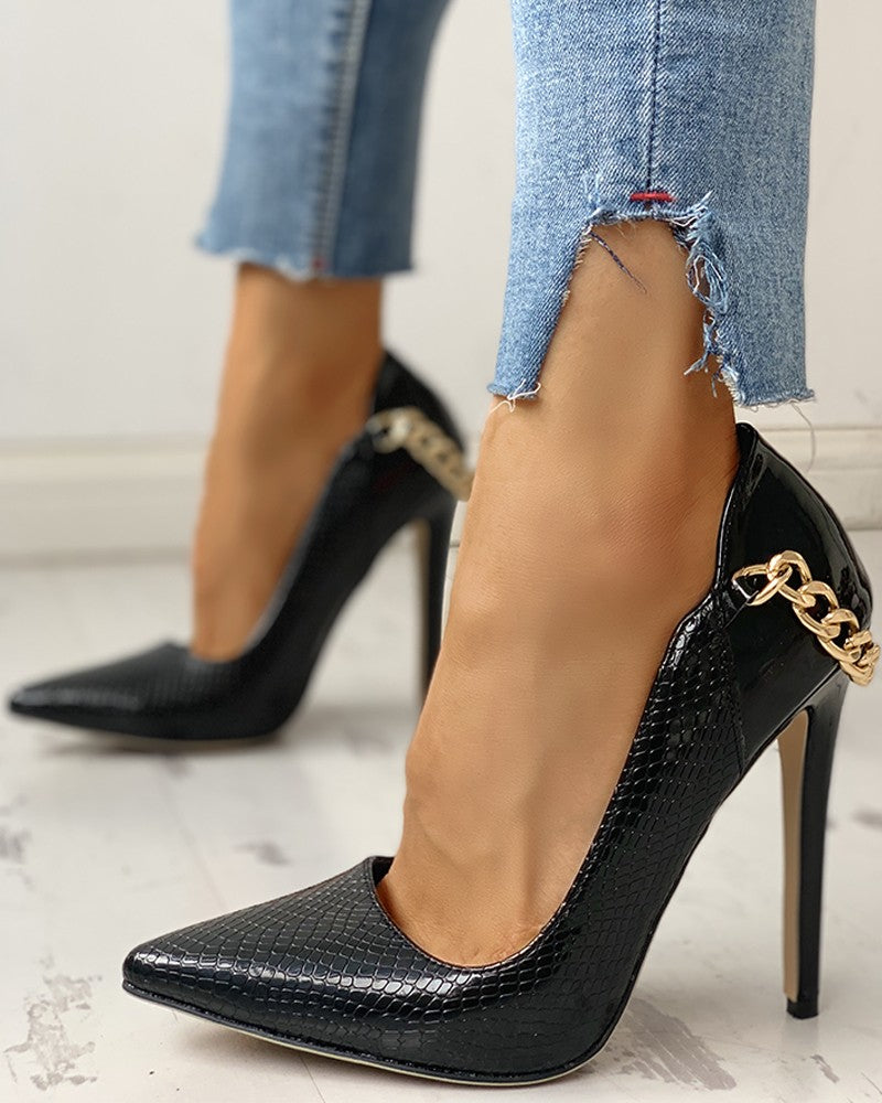Leopard Pointed Toe Metal Chain Thin Heels