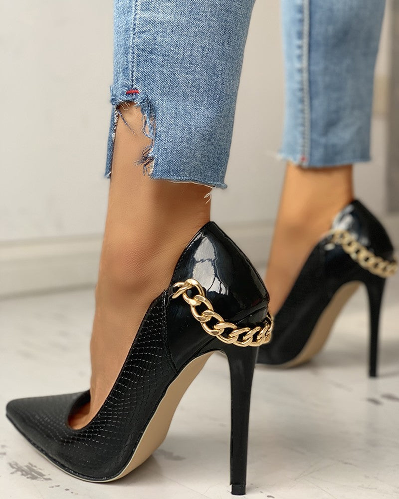 Leopard Pointed Toe Metal Chain Thin Heels