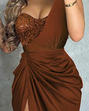 Satin Contrast Sequin Split Thigh Ruched Party Dress