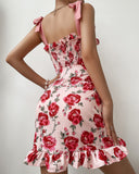 Rose Print Strap Pleated Mini Dress