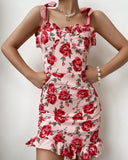 Rose Print Strap Pleated Mini Dress