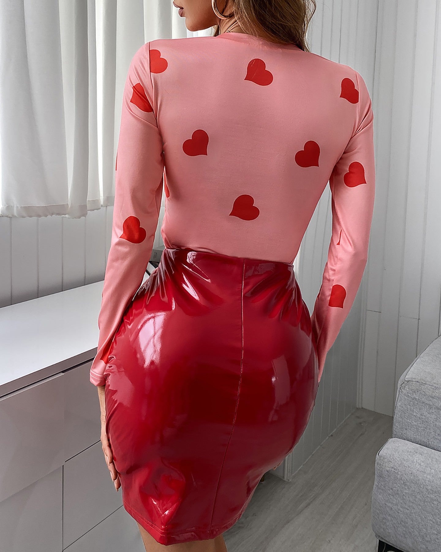 Heart Print Long Sleeve Top & Skirt Set