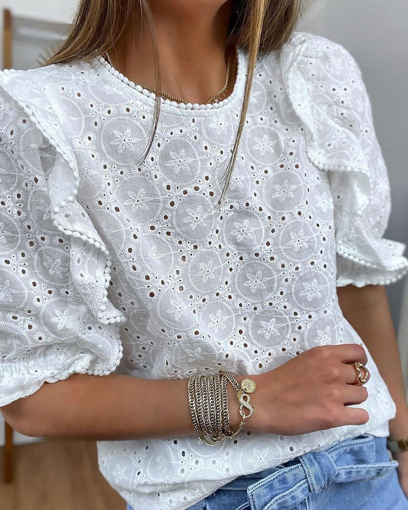 Puff Sleeve Eyelet Embroidery Pom Pom Top