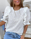 Puff Sleeve Eyelet Embroidery Pom Pom Top